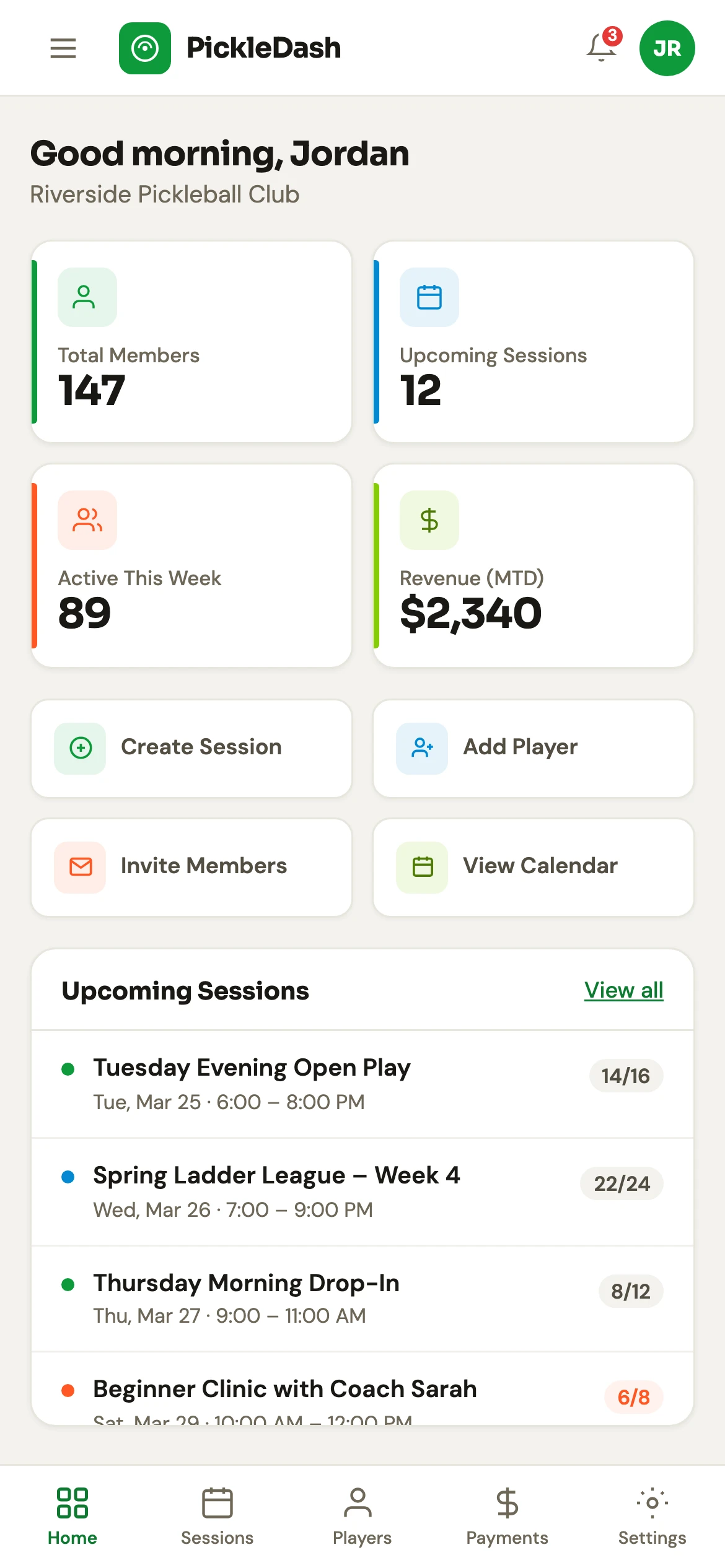 PickleDash mobile dashboard on iPhone — manage your pickleball club from anywhere