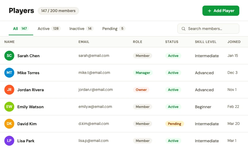 PickleDash Member Management screenshot